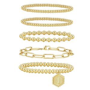 14K Gold Plated Bracelets Womens Casual Beaded Stretch Bead Ball Adjustable Set
